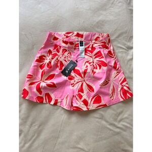 SHEIN X Shorts Women Large Pink NWT Floral Tropical High Waist Pleated Summer